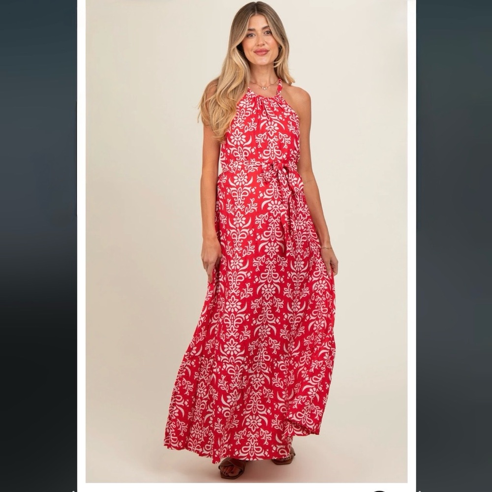 Maternity Skies Are Blue Floral Red and White Maxi Dress